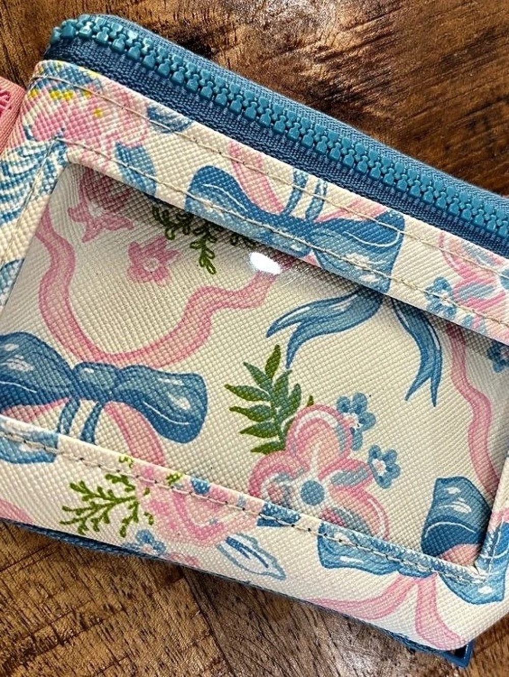 Simply Southern ID Coin Wallet Ribbon Bow Print Blue & Pink